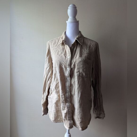 JCrew Factory Gauze Button-up Shirt Camel LP - Picture 1 of 8